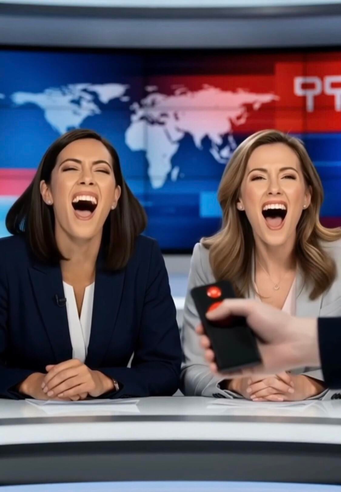 News Anchors Laughing Studio Desk World Map