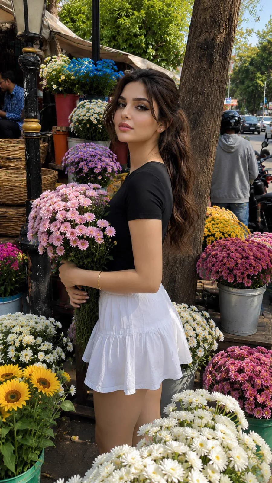 Adult Woman Among Colorful Flowers Outdoor Market