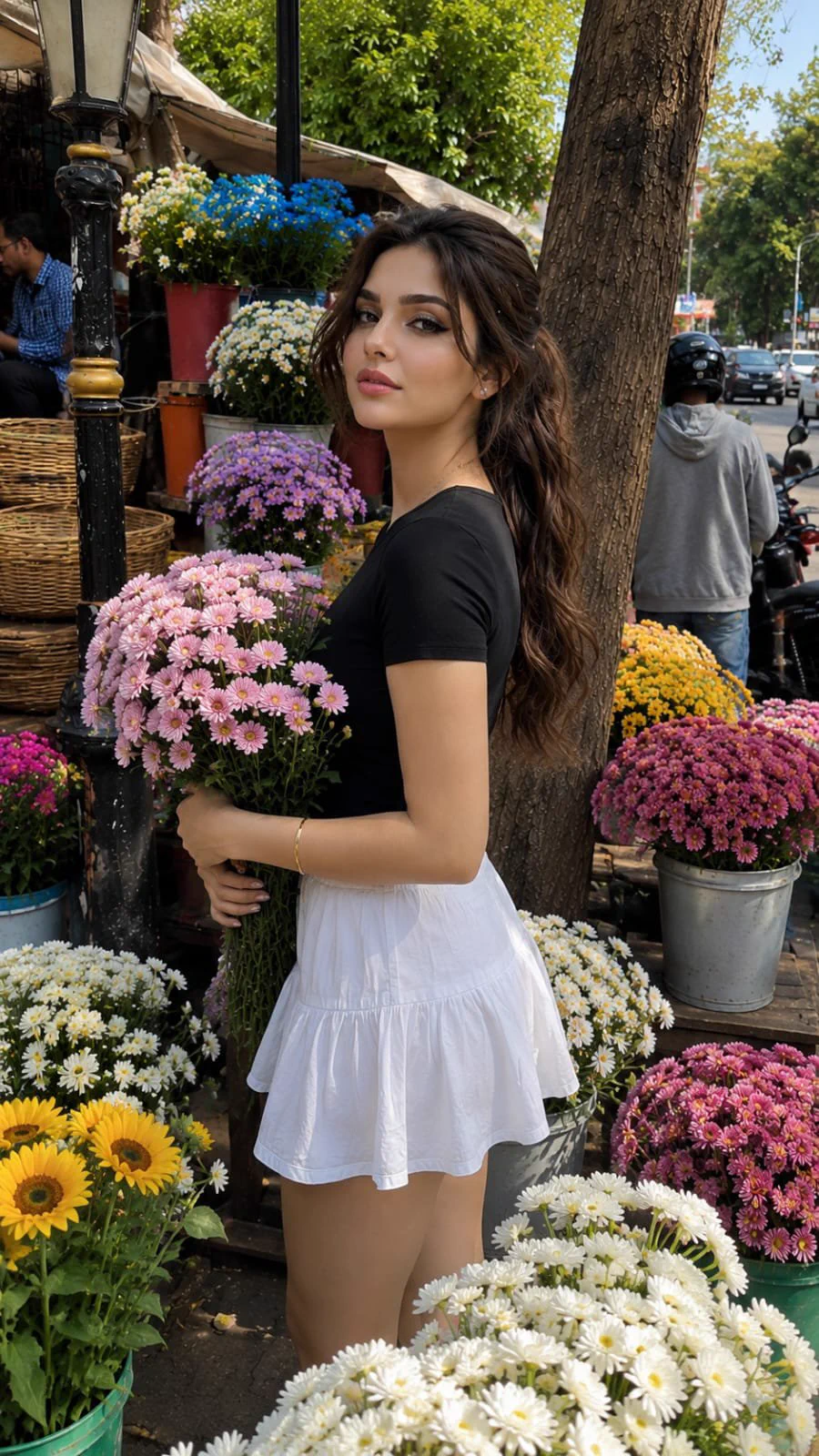 Adult Woman Among Colorful Flowers Outdoor Market – Using the uploaded adult subject as the identity, recreate this phot
