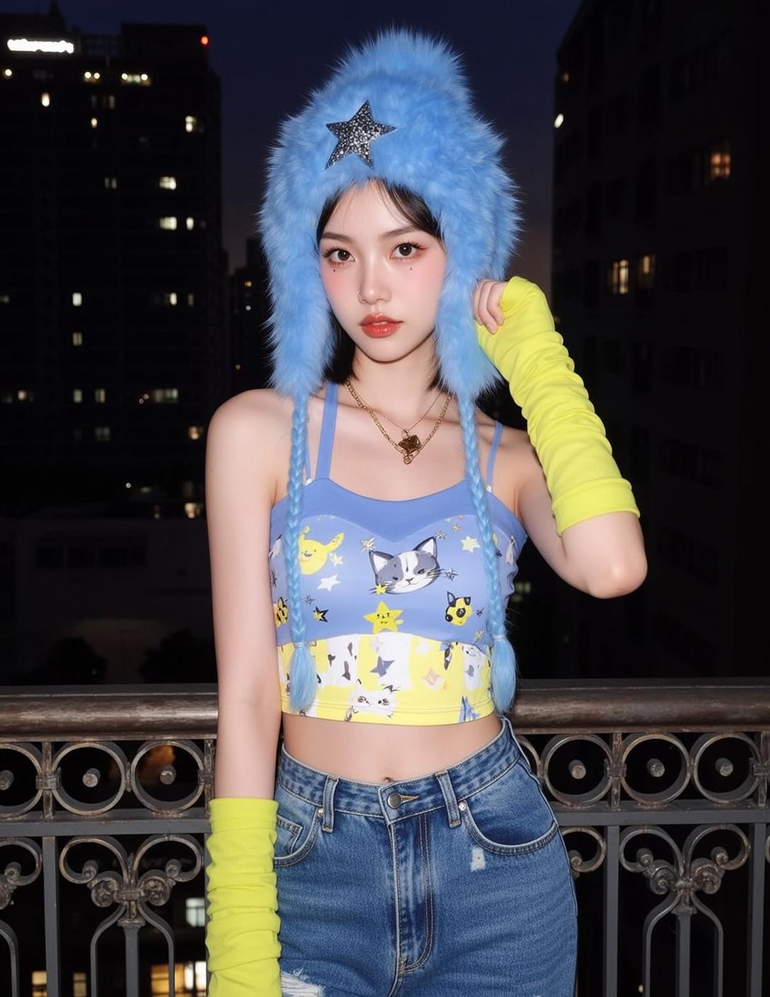 Blue Furry Hat Blue And Yellow Urban Rooftop At Metal