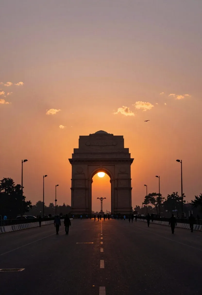 Majestic Silhouette The India Gate Monument Stands Centered The Distance