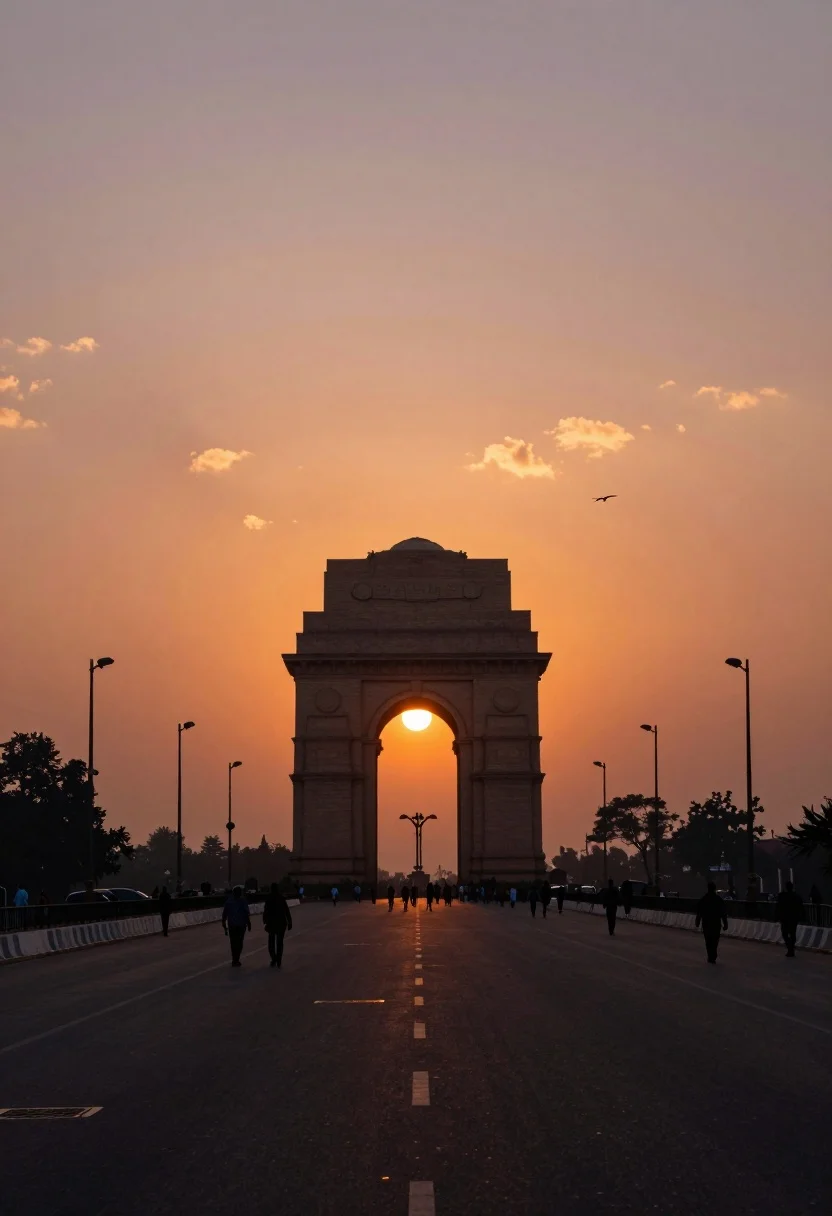 Majestic Silhouette The India Gate Monument Stands Centered The Distance