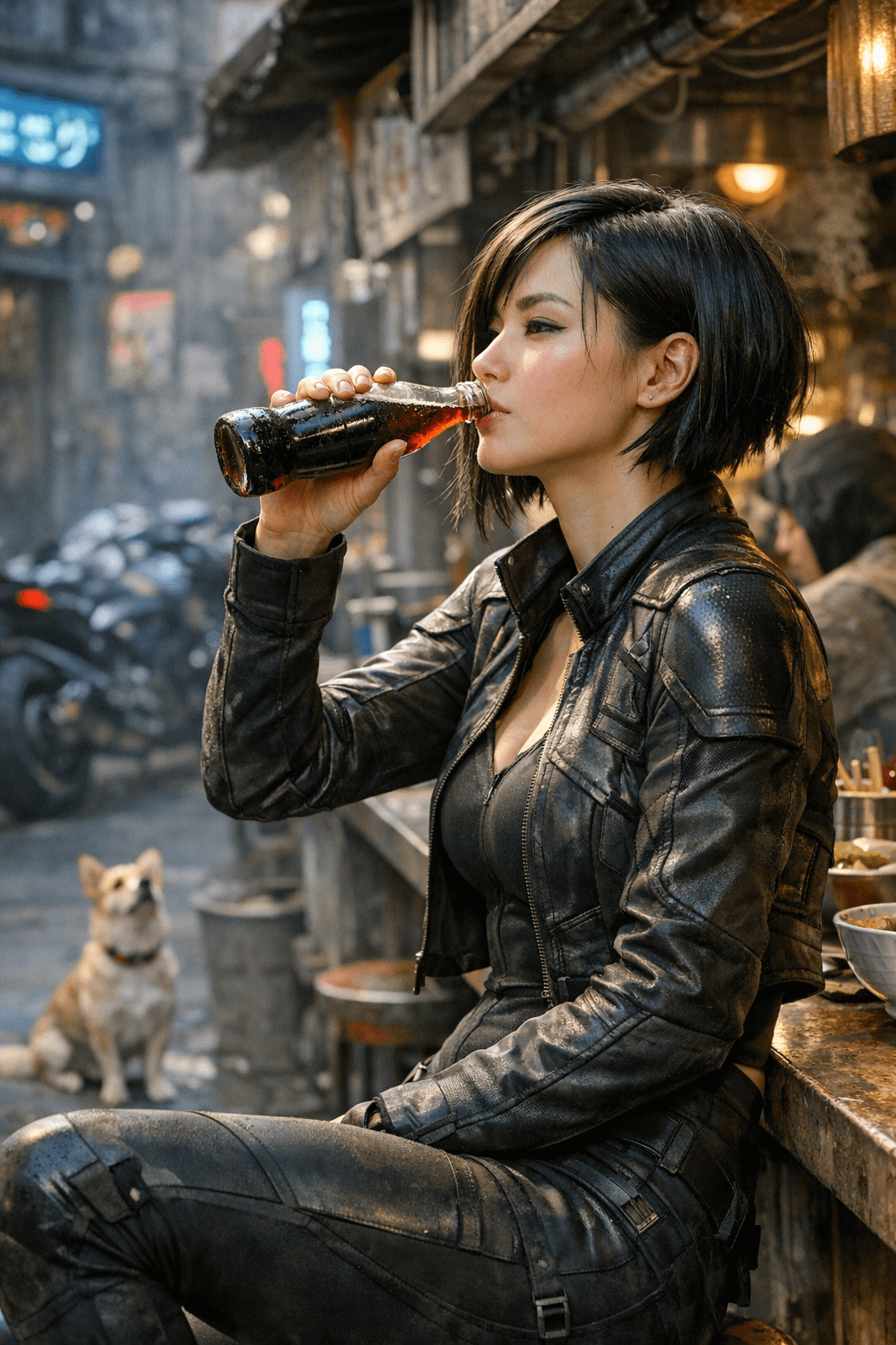 Urban Alley Dusk Motorcycle Jacket Dog Coca Cola