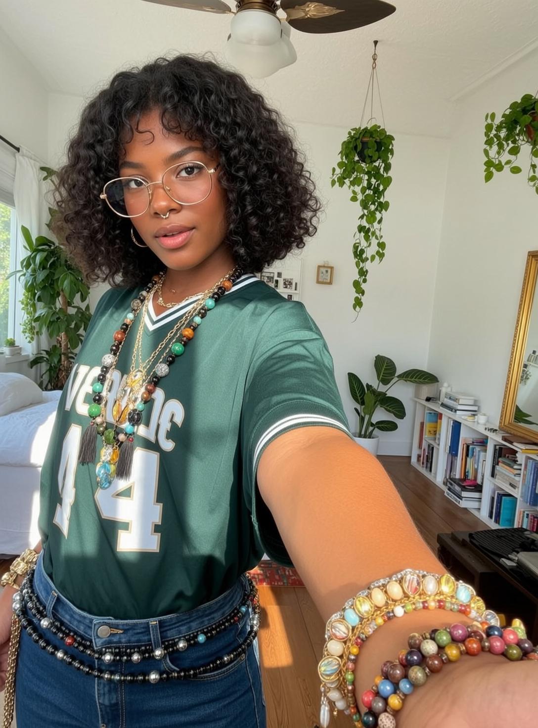 Green Jersey Beaded Jewelry Selfie
