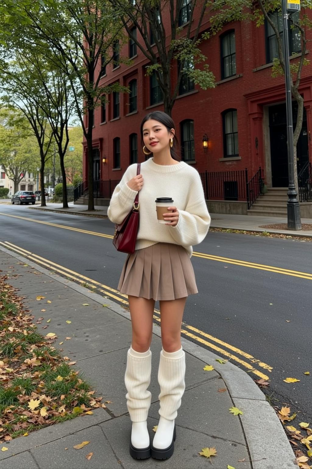 Cream Sweater Tan Skirt City Street Fall Leaves