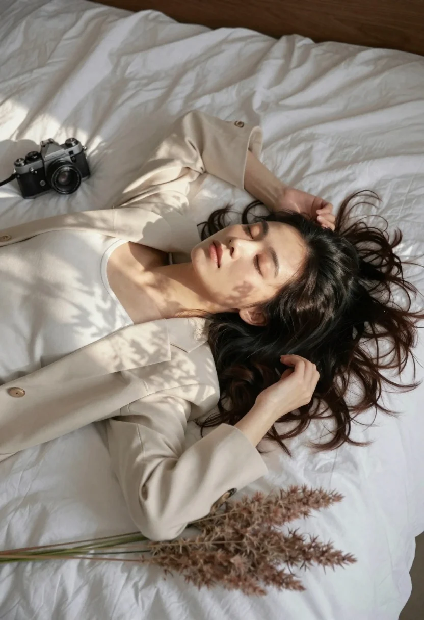 Woman Lies Peacefully Rumpled White Bedsheet With Her Eyes Closed reference photo