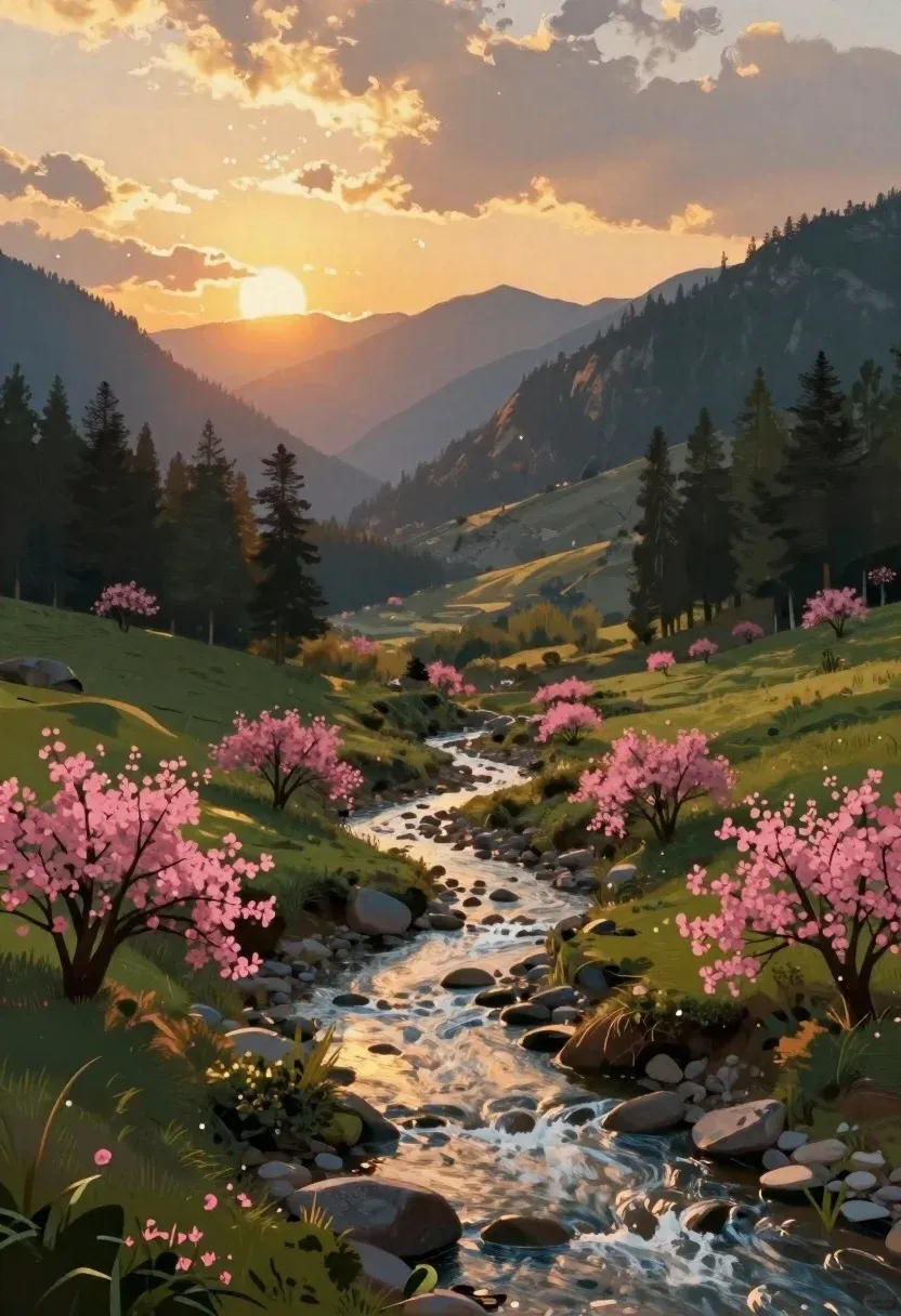 Digital Painting Serene Mountain Landscape Sunset Environment Rolling Mountains Covered