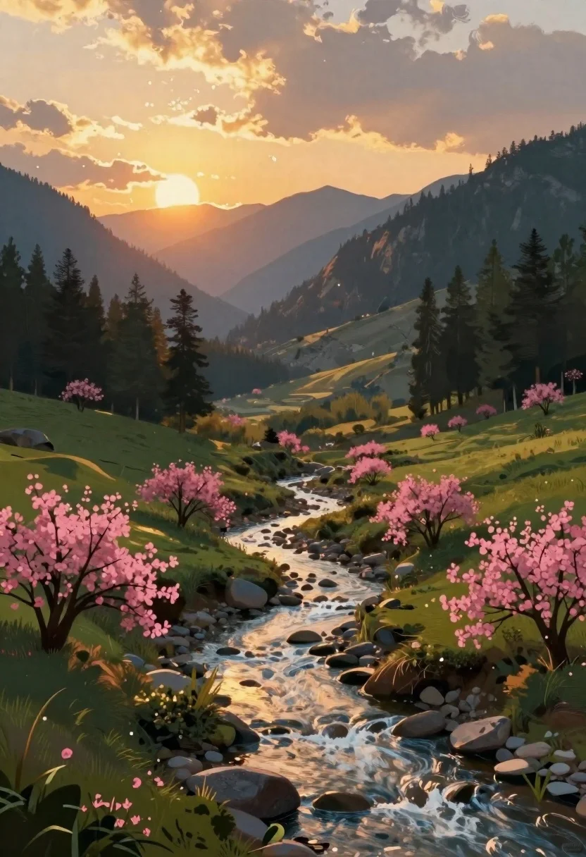 Digital Painting Serene Mountain Landscape Sunset Environment Rolling Mountains Covered reference photo