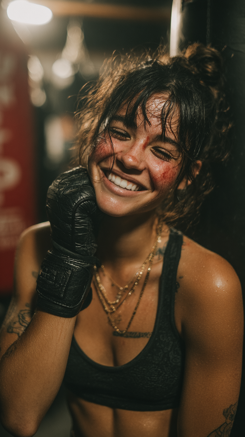 Boxing Gym Portrait Joyful Smile Sweat And Scrapes