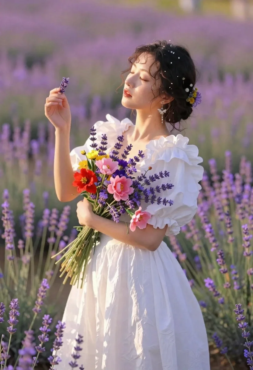 Digital Painting Young Woman Standing Vibrant Meadow Bathed Soft Sunlight reference photo