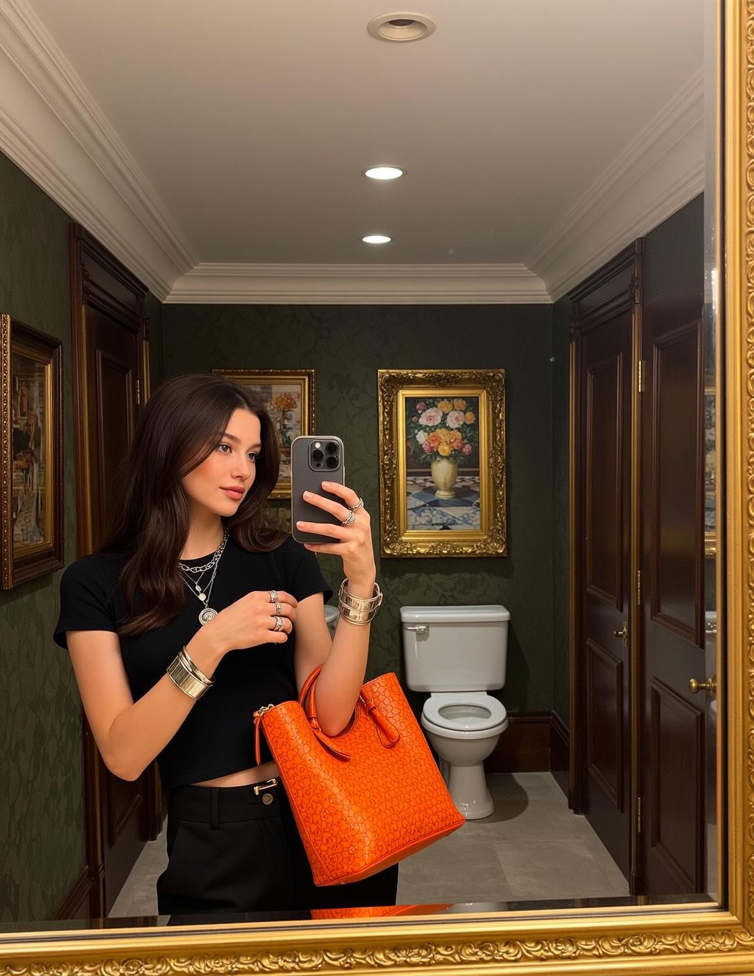Black Trousers Orange Tote Selfie