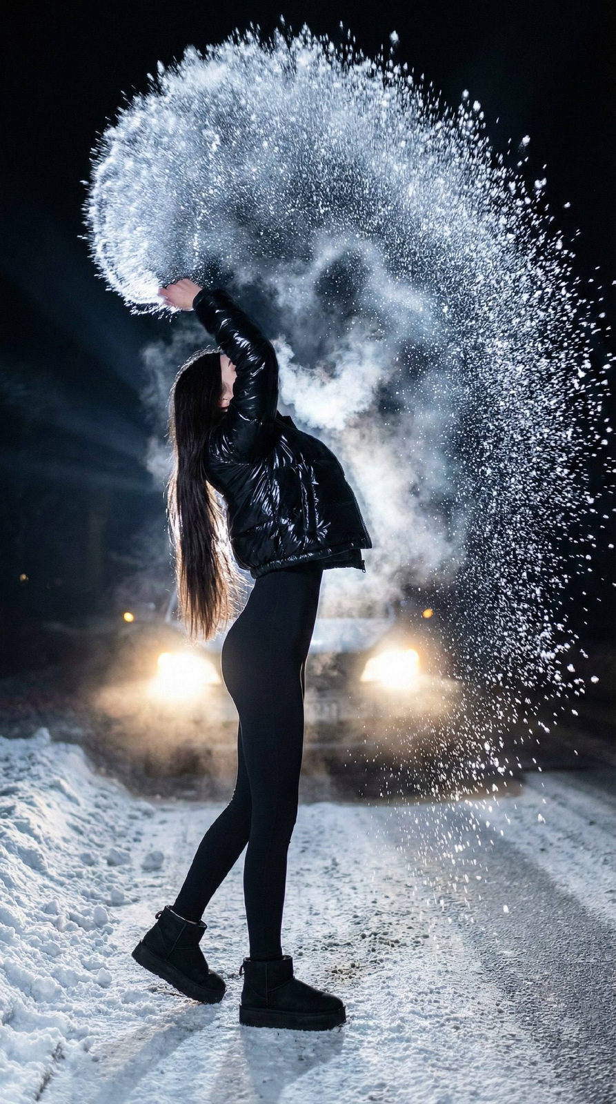 A woman in a puffy jacket and jumpsuit on a snowy road, raising her arm with glowing ice particles formed from boiling water.