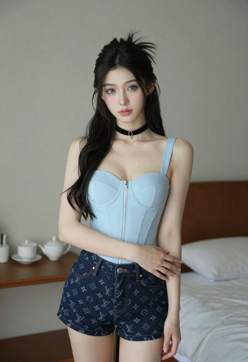 Young Woman With Long Dark Hair Styled Half-updo Stands Facing