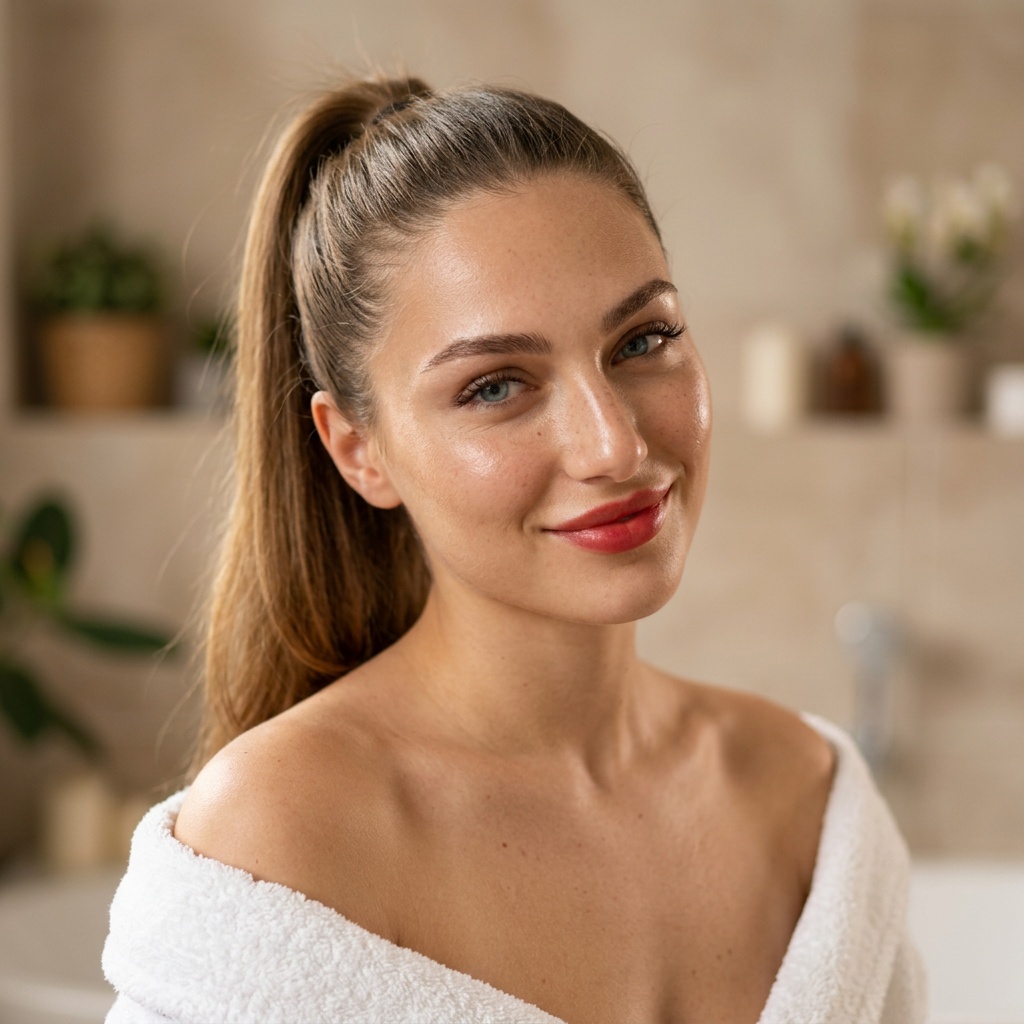 A young woman named Lily with light brown hair in a high ponytail, smiling warmly, wearing a white towel, with glowing skin and soft background.