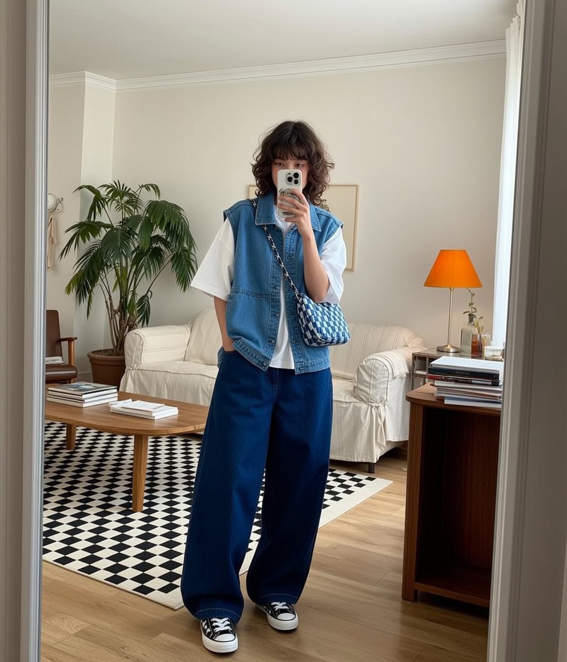 White Shirt Curly Hair Living Room Standing
