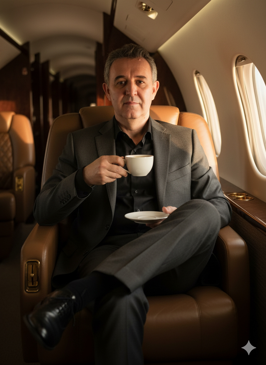 Homem elegante sentado em jato particular com terno cinza escuro, segurando um copo de café em um luxuoso interior de couro marrom.