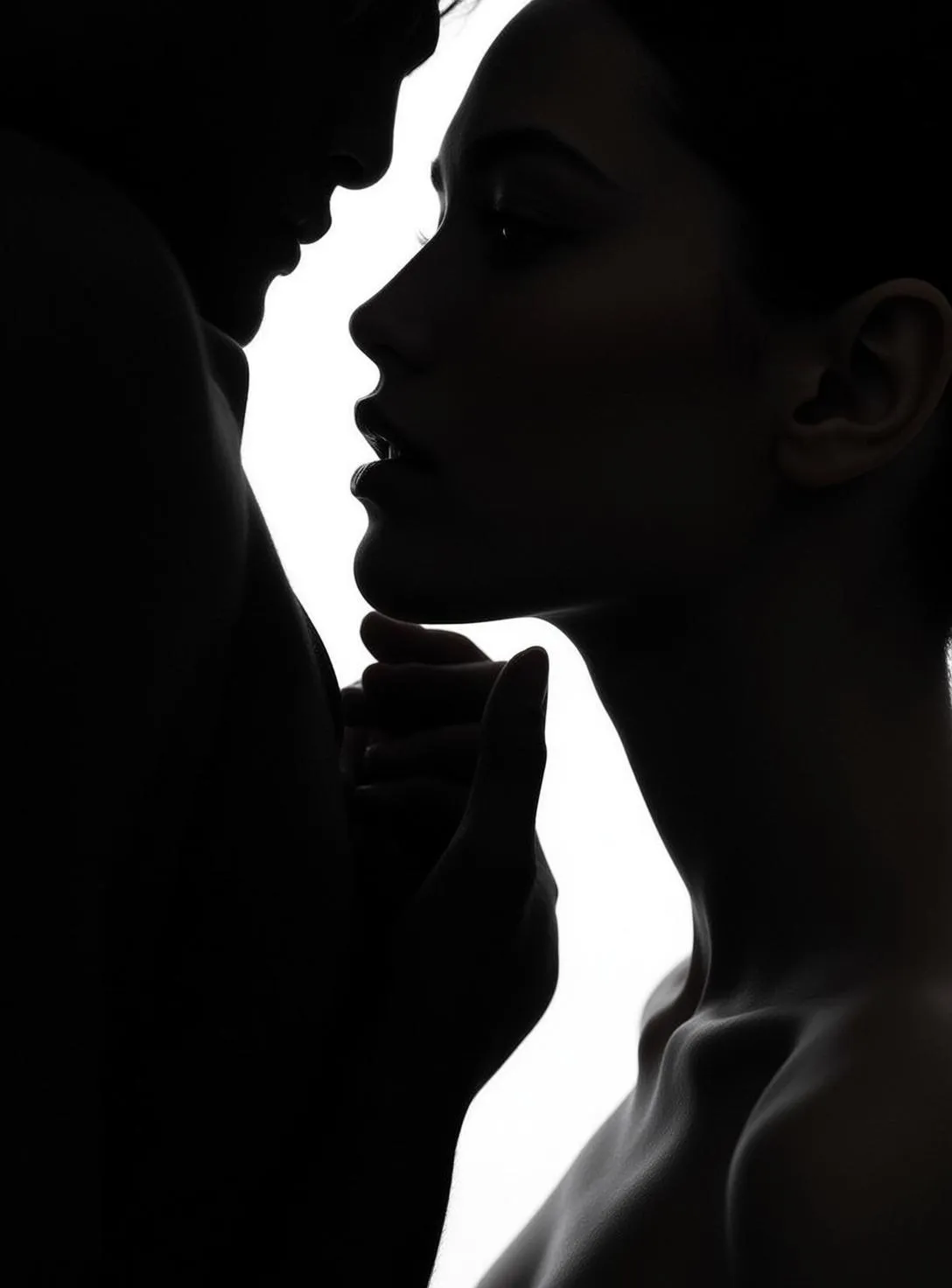 Close-up Profile Silhouette Shot Man And Woman Intimate Embrace Against