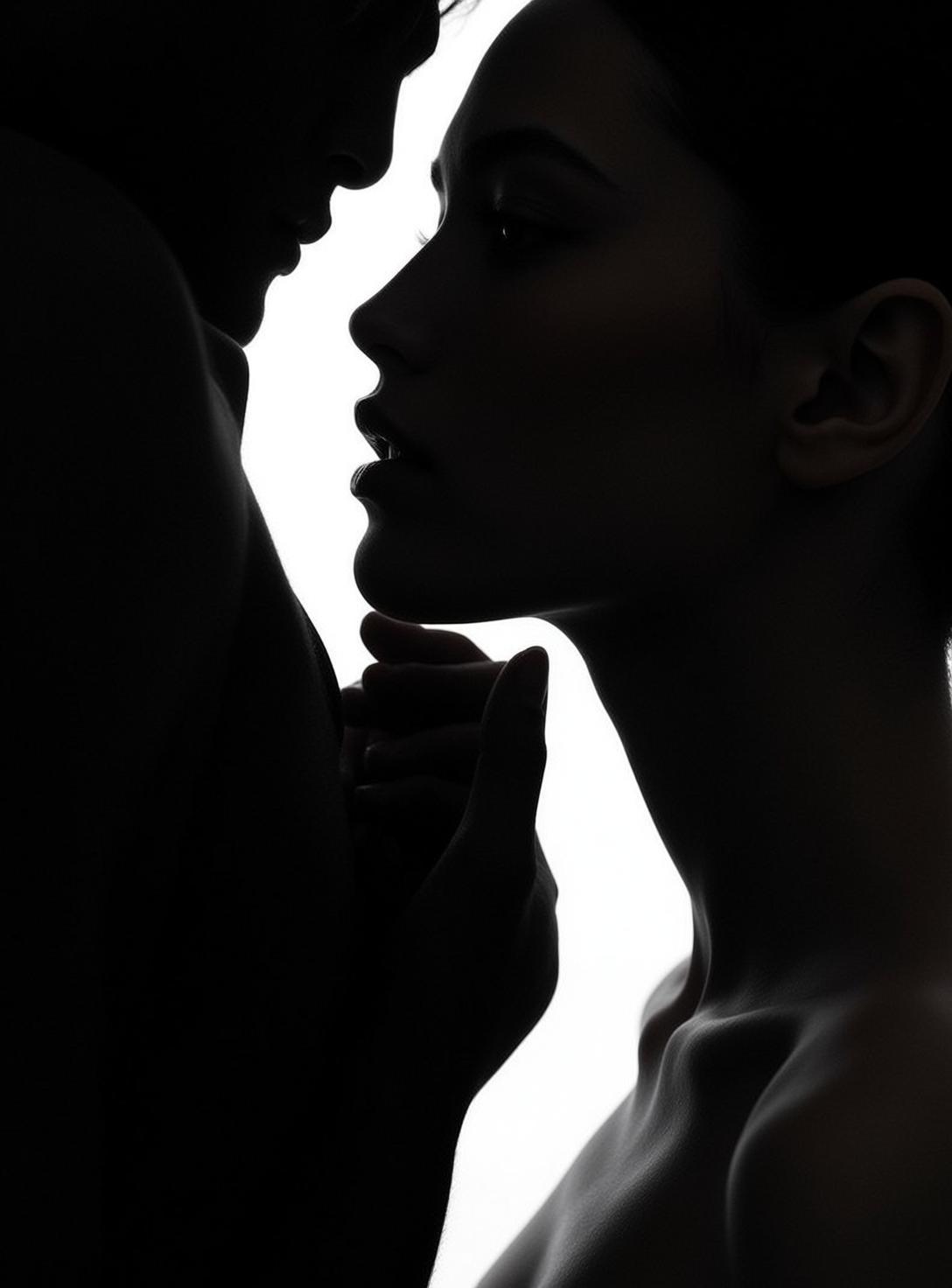 Close-up Profile Silhouette Shot Man And Woman Intimate Embrace Against