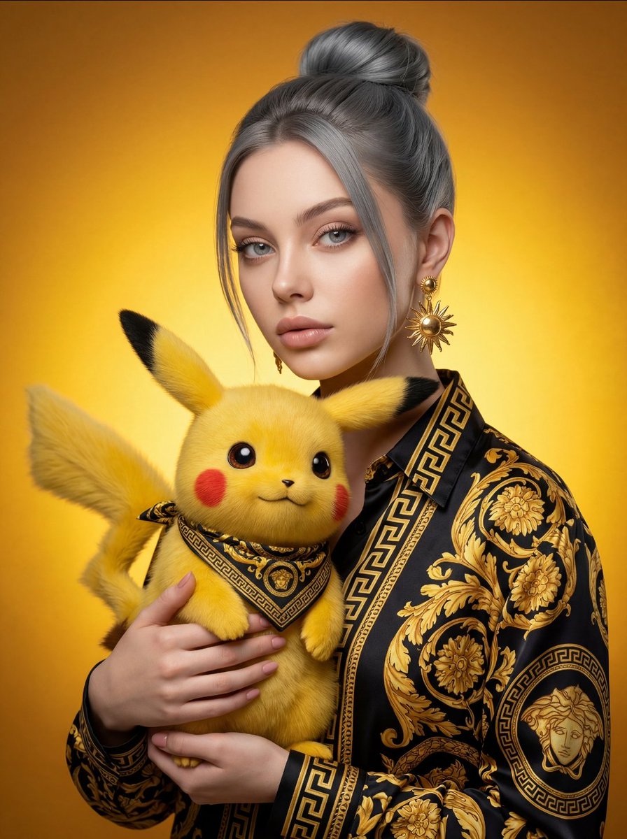 A stylish woman in a black silk shirt holding a furry Pikachu, set against a vibrant yellow gradient background in an opulent studio.