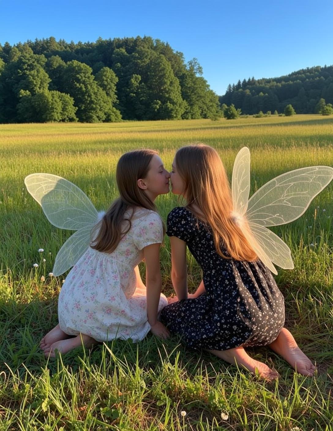 Fairycore Two Young Girls Long Light Brown