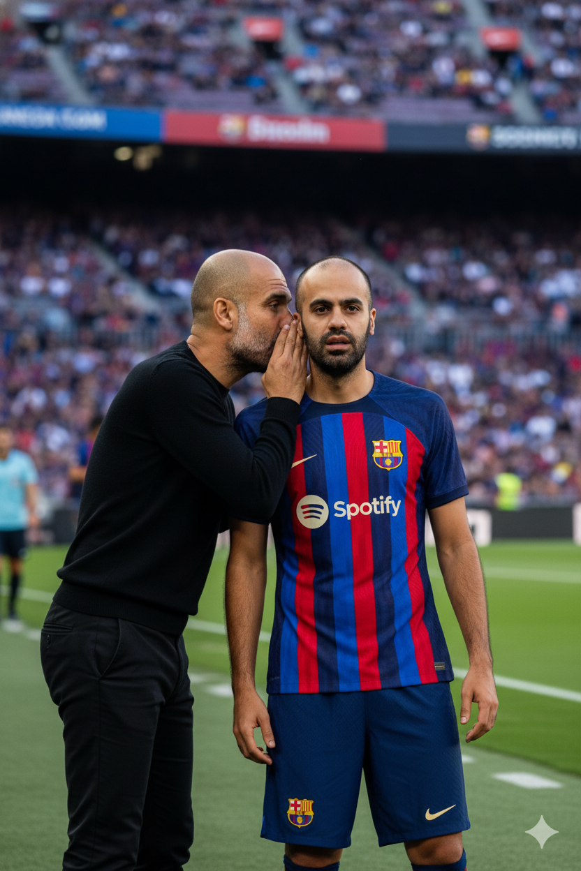A photorealistic image of a Barcelona player beside Pep Guardiola, sharing tactical advice at Camp Nou, with a blurred crowd in the background.