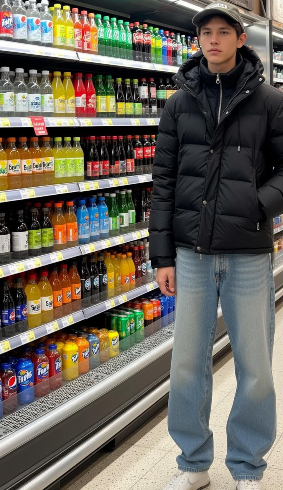 Man In Puffer Jacket White Sneakers Grey Cap