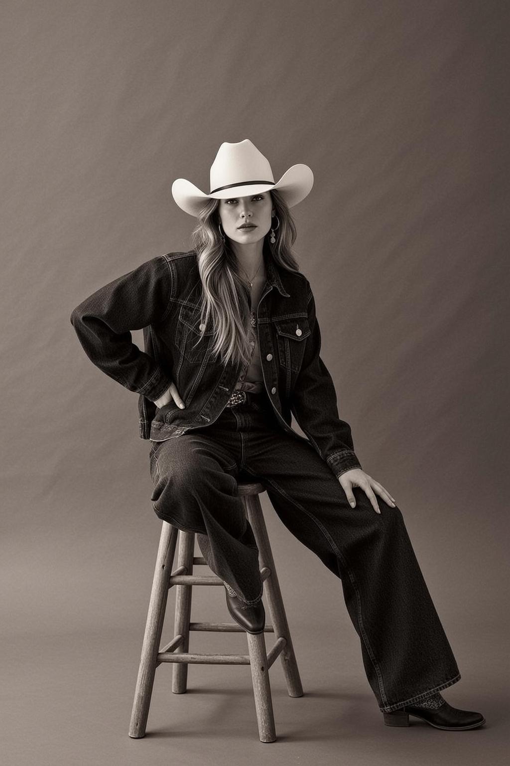 Cowgirl Seated Wooden Stool Facing Slightly Her