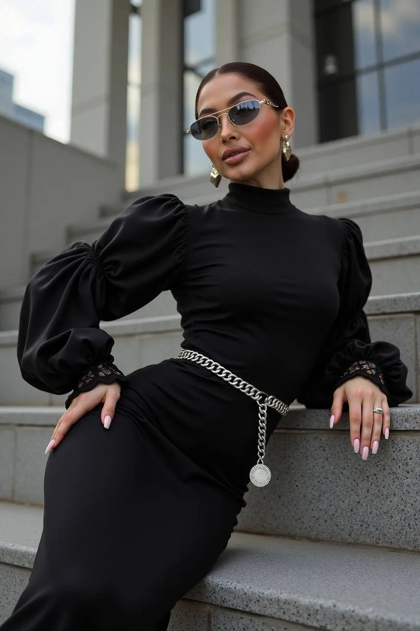 Sunglasses And Earrings And Manicure With Sleek Fitted Turtleneck Dress