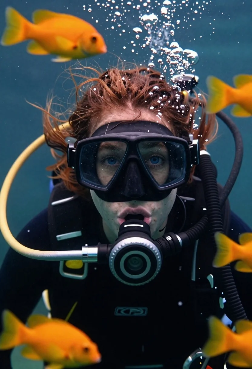 Photorealistic Underwater Portrait Female Diver With Intense Blue Eyes And reference photo