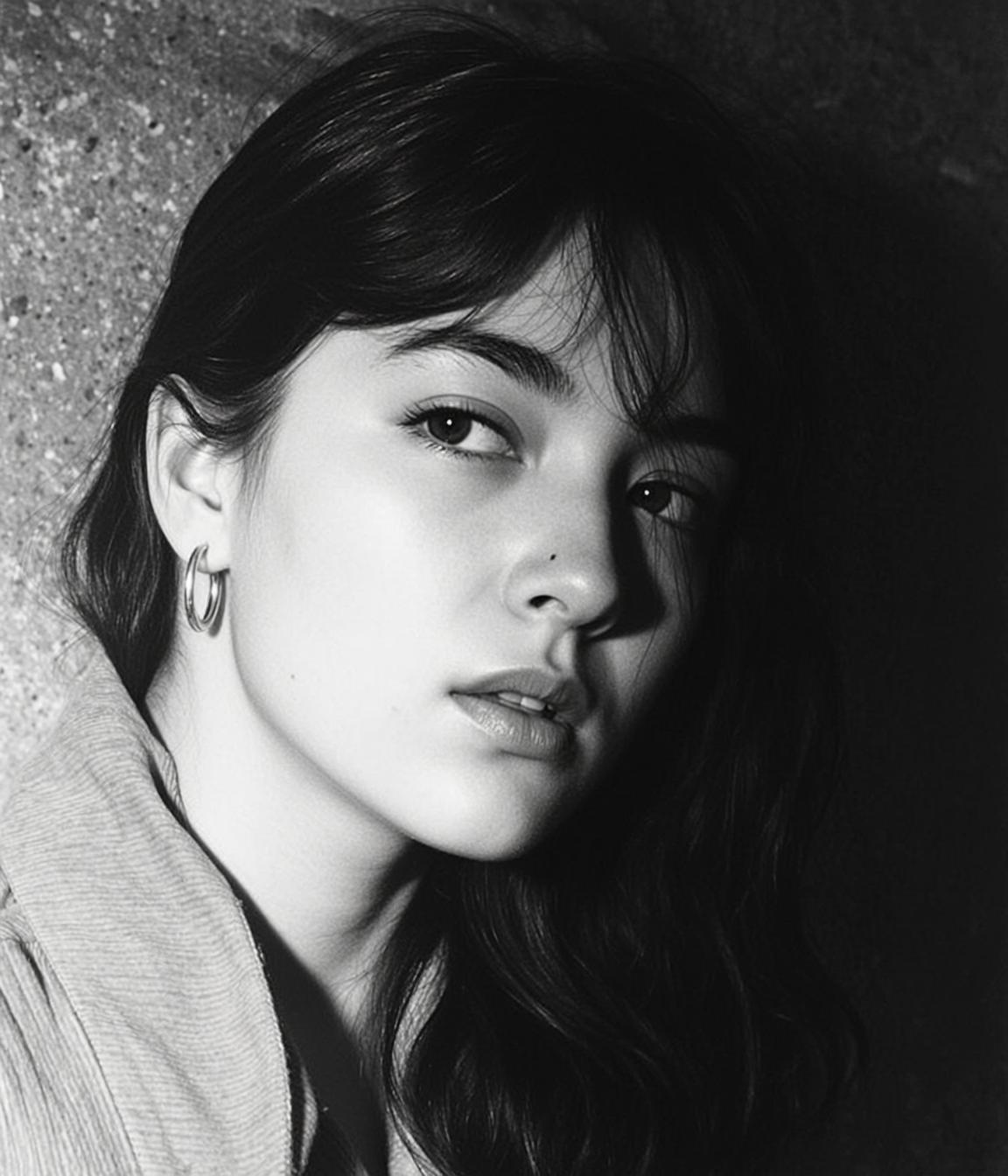 Close-up Black And White Portrait Orientation Photograph Young Woman With