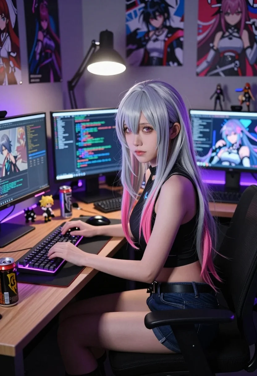 A young woman with long silver hair and pink streaks sits at a cluttered desk with glowing screens and anime posters.