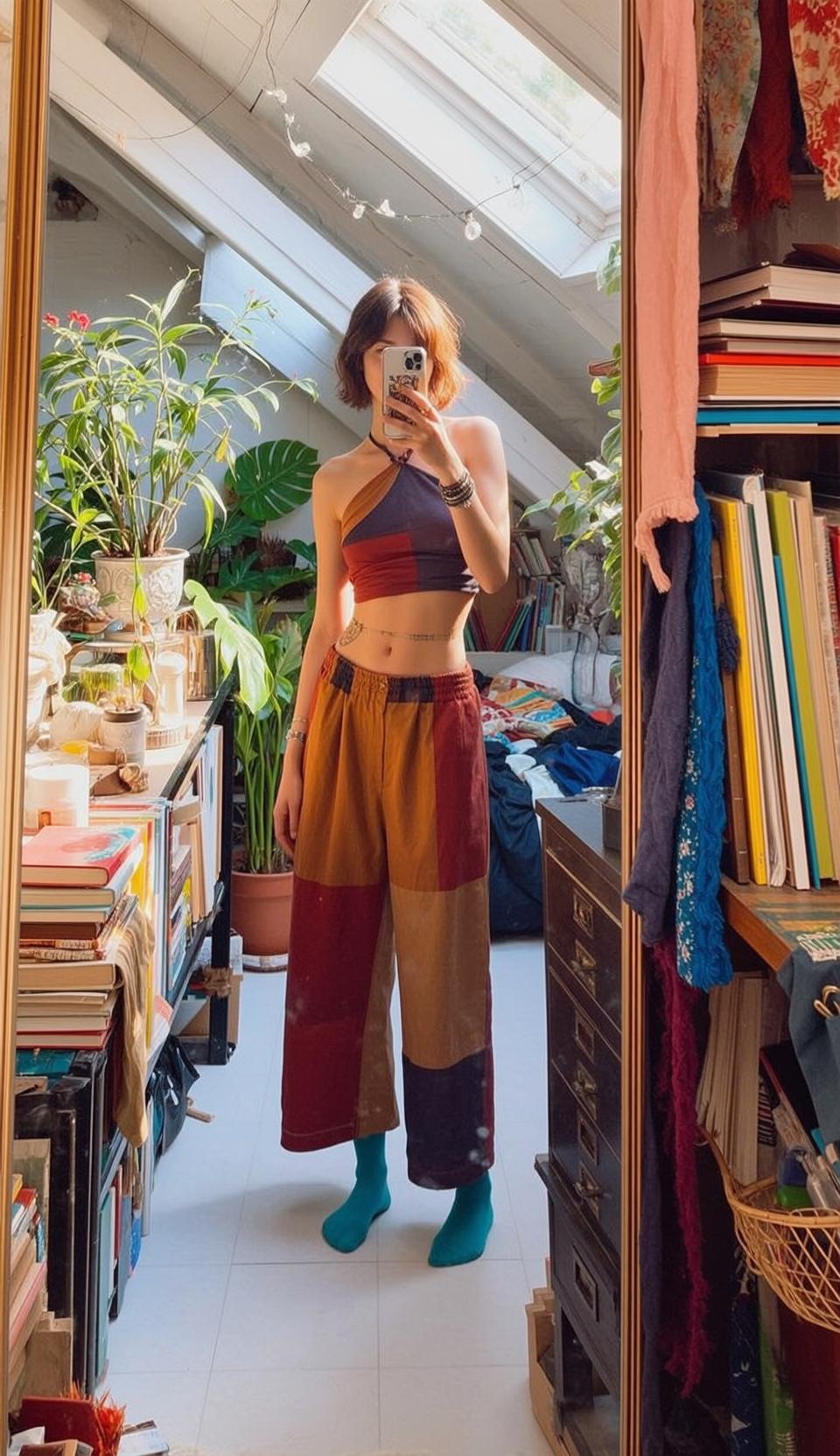 Color Block Outfit Mirror Selfie Bedroom Plants