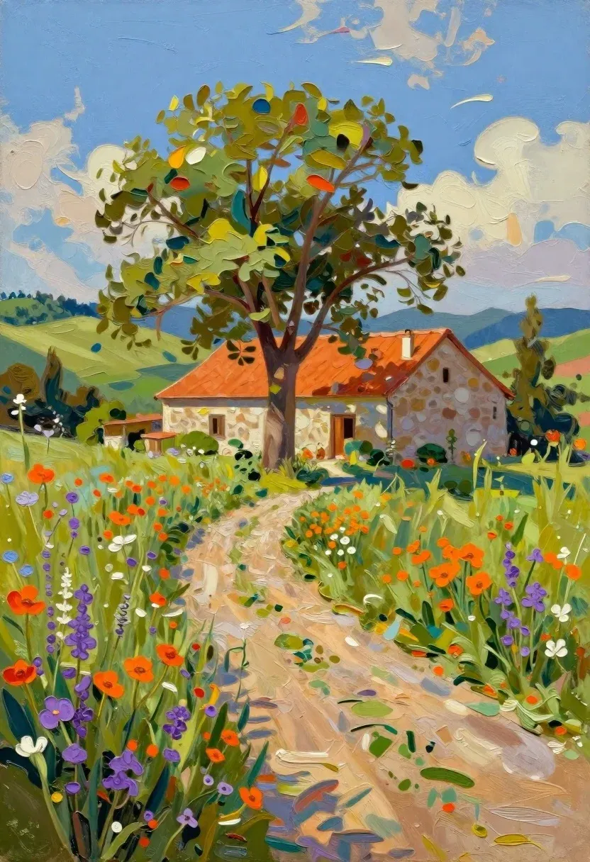 Oil Painting Sun-drenched Rural Landscape Featuring Stone Farmhouse Beneath Large