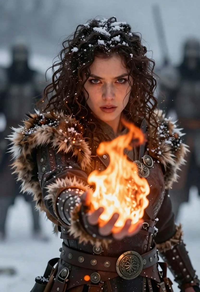 Cinematic Close-up Fierce Woman With Curly Dark Hair Dusted Snow reference photo