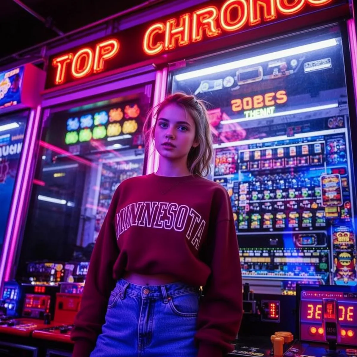 Maroon Sweatshirt Arcade Lights