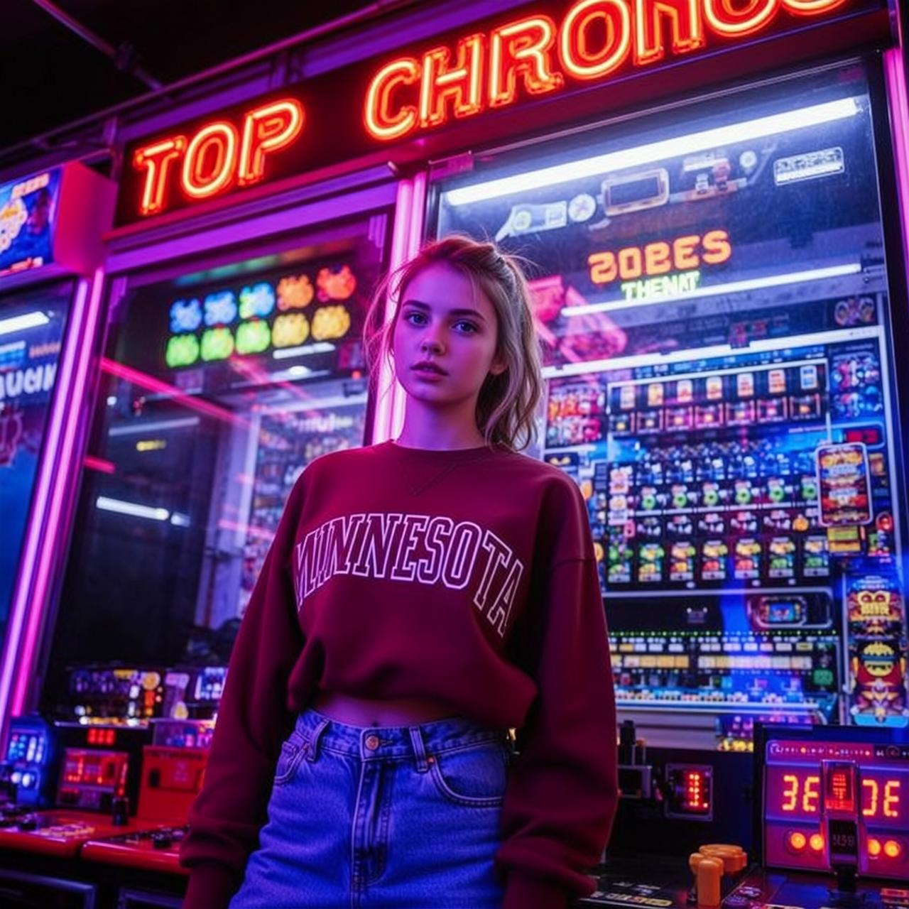 Maroon Sweatshirt Arcade Lights