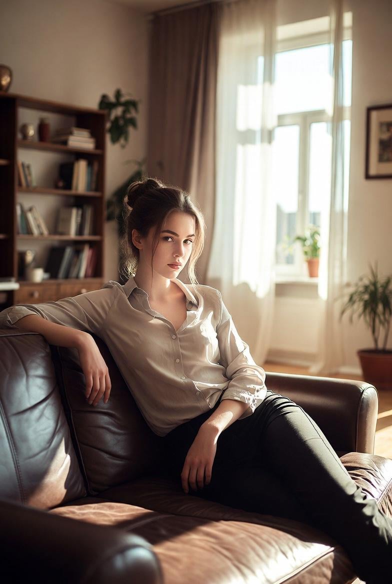 Sunlit Living Room Person On Leather Sofa