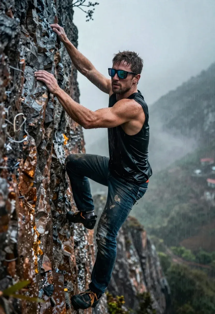 Muscular Man Sleeveless Shirt And Jeans Scales Steep Cliff Face