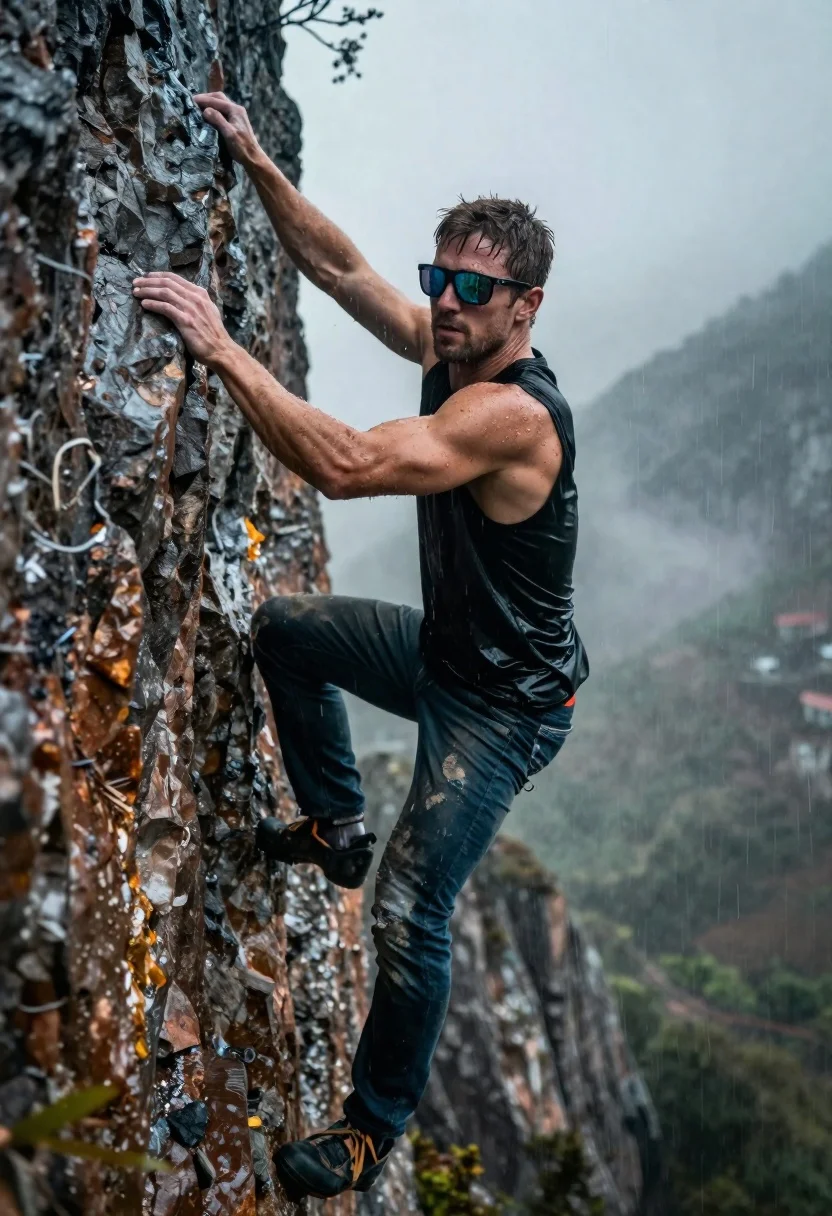 Muscular Man Sleeveless Shirt And Jeans Scales Steep Cliff Face