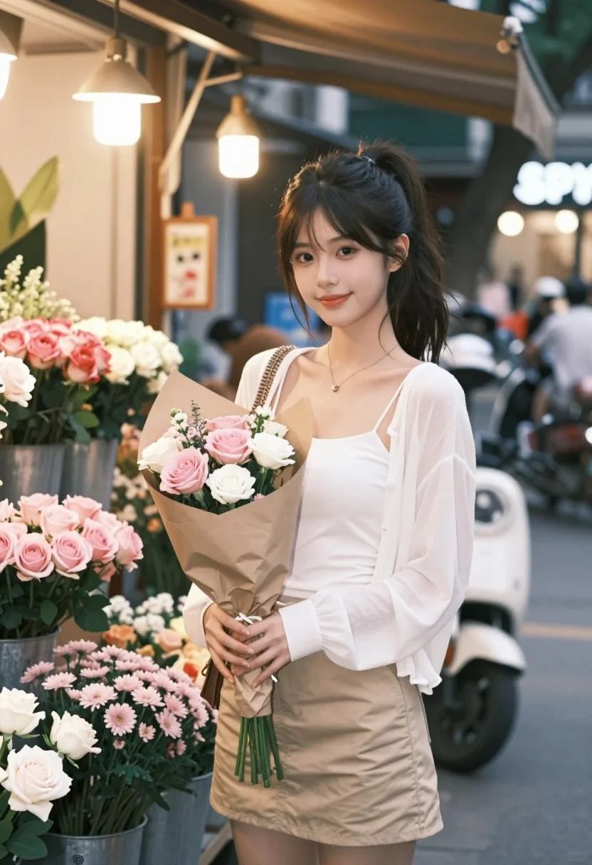 Young woman with long dark hair in a high ponytail, smiling warmly while holding a bouquet of pink and white flowers in a flower shop.