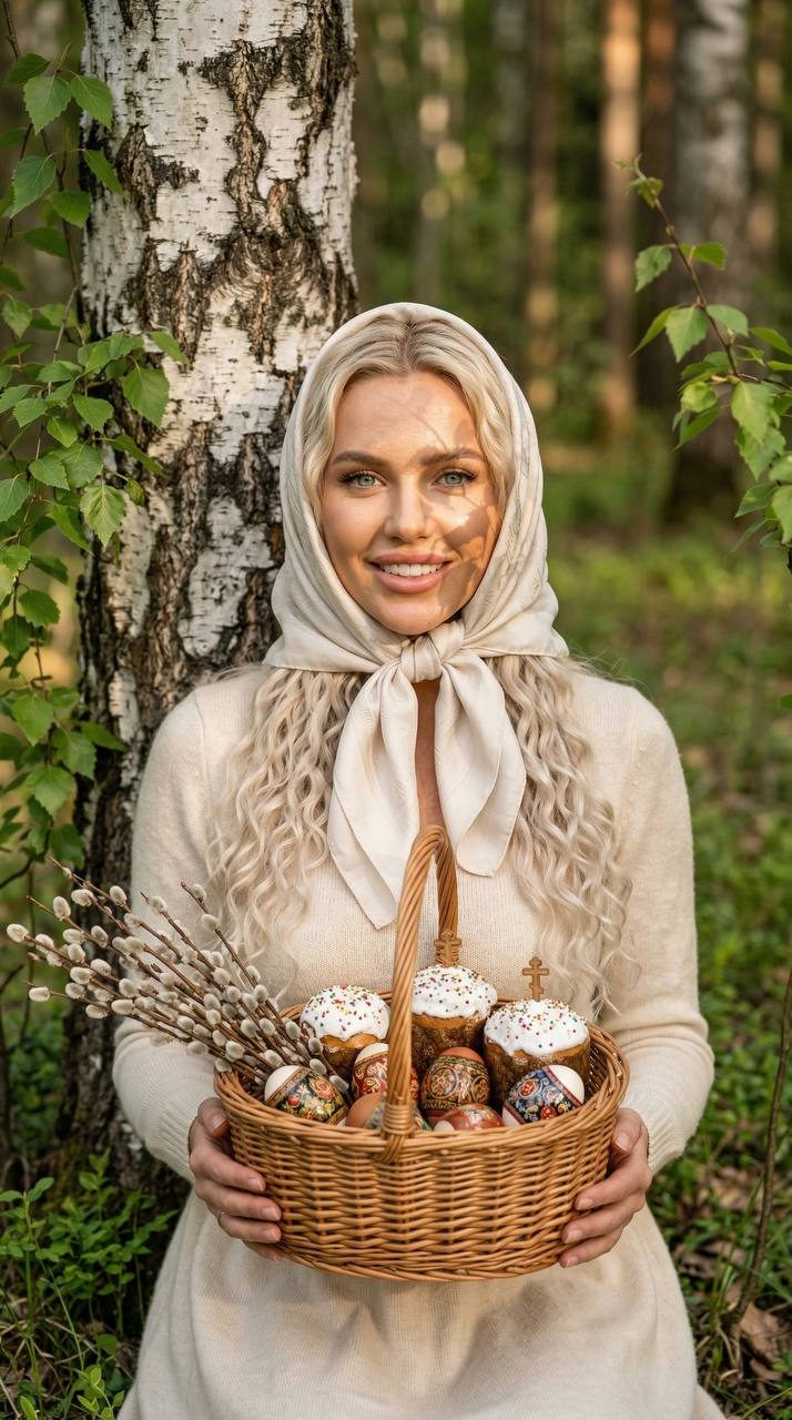 A woman in a milky-colored dress holding an Easter basket, leaning against a birch tree in a sun-drenched forest.