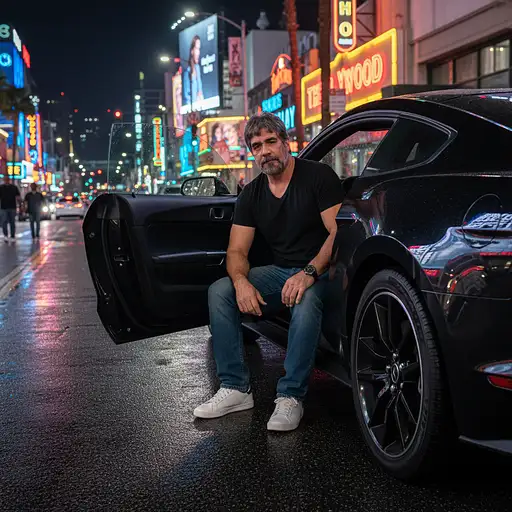 A stylish middle-aged man with salt and pepper hair sitting in a black Ford Mustang GT, night lights reflecting on wet asphalt in Hollywood.