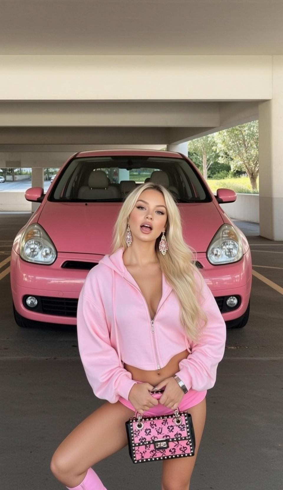 Barbiecore Stands Parking Garage Posing Pink Car