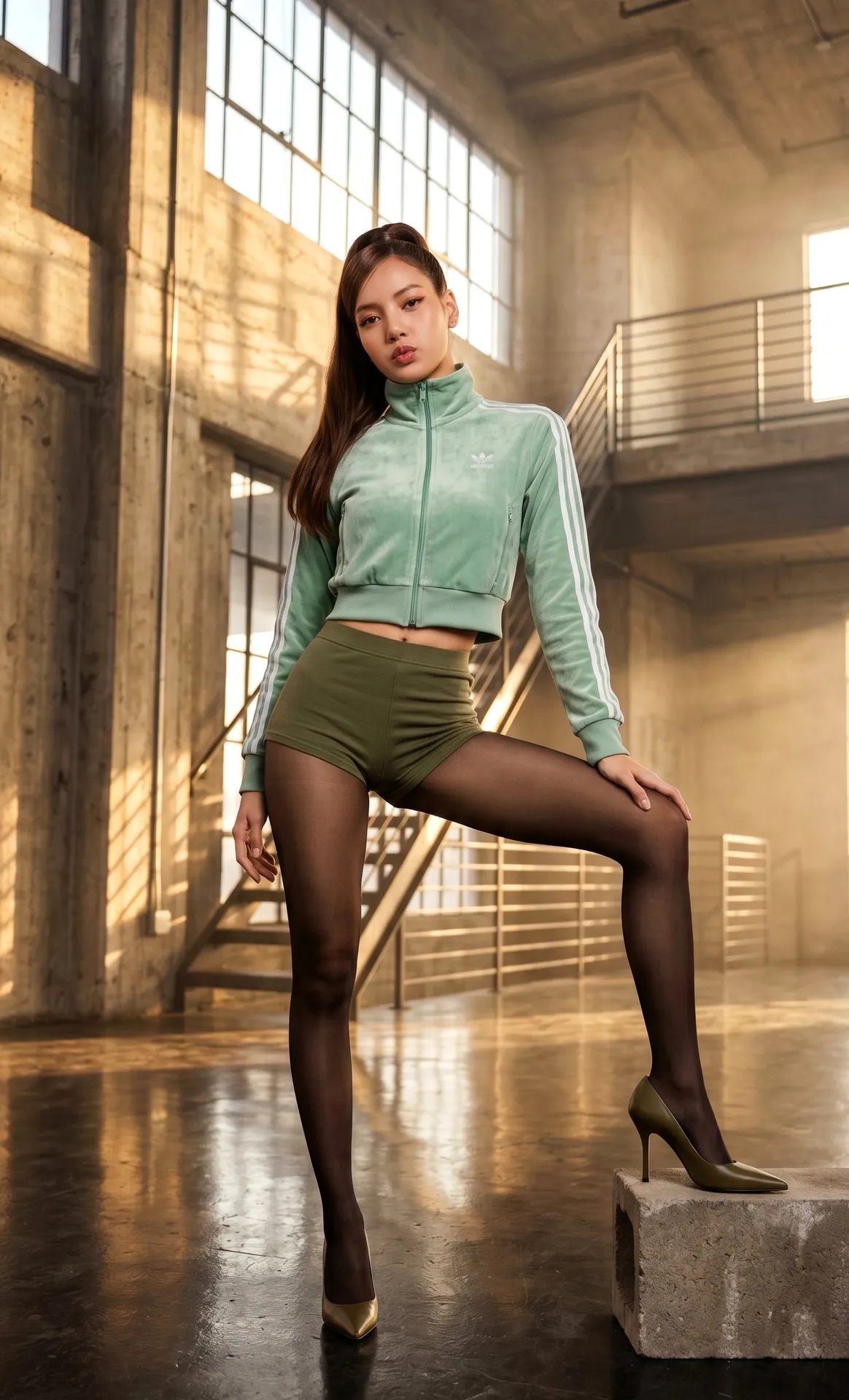 Mint Velour Tracksuit Industrial Concrete Sunlight Reflections