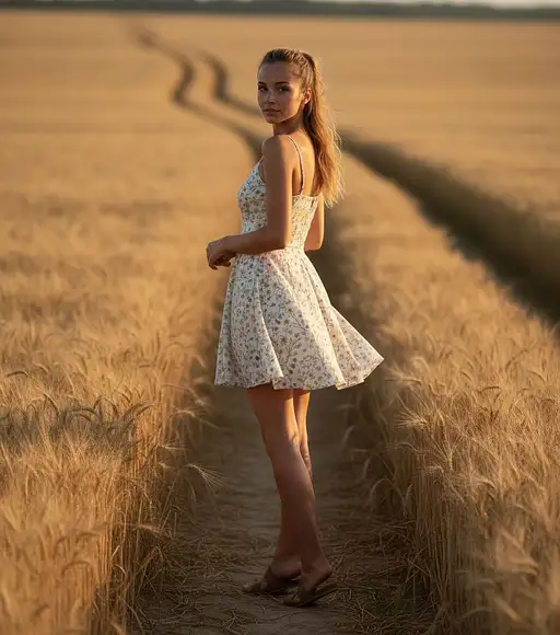 A tall woman with dark blonde hair gazes thoughtfully over her shoulder on a sunlit dirt path surrounded by rye.