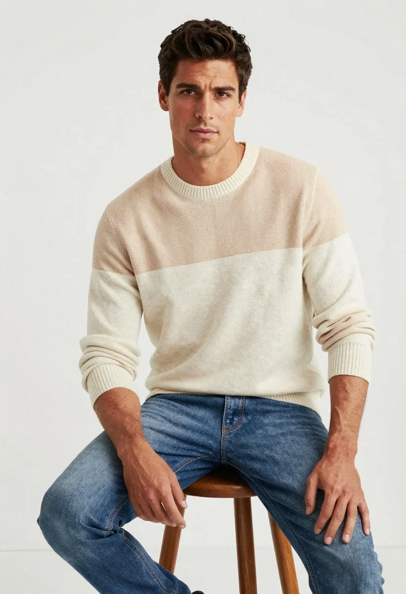 Confident Man With Dark Hair Sits Casually Wooden Stool Against