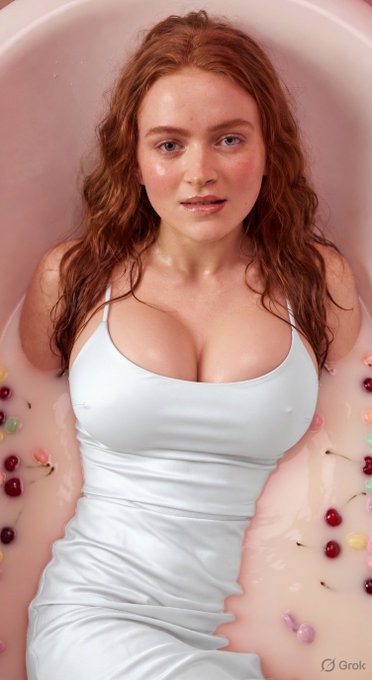 A person with long, wavy, wet red hair submerged in a creamy pink bathtub filled with jelly beans and cherries.