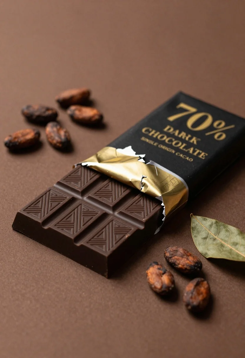 Close-up of a partially unwrapped dark chocolate bar on a smooth brown surface with cocoa beans and dried leaves.