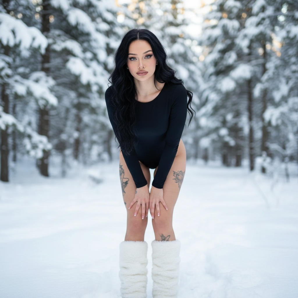 Ultra-realistic portrait of a young woman with platinum blonde hair and fair skin, standing in a snowy forest