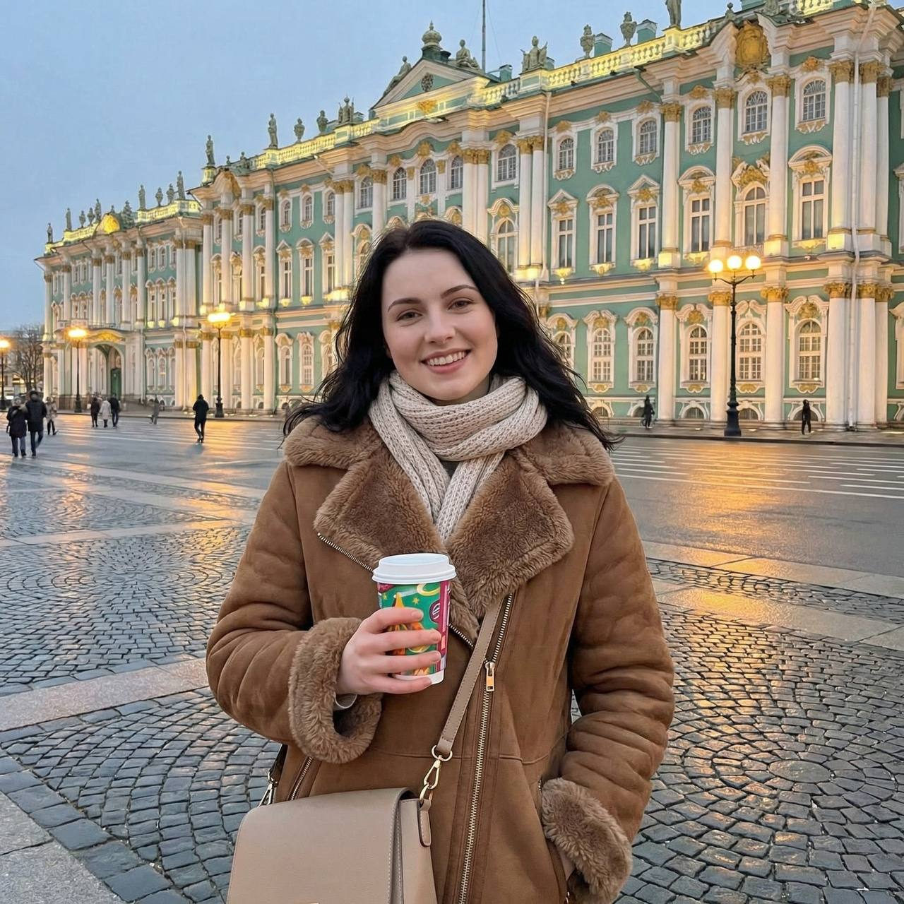 A woman in a cozy brown shearling coat smiling warmly in front of the Winter Palace in Saint Petersburg, holding a coffee cup.